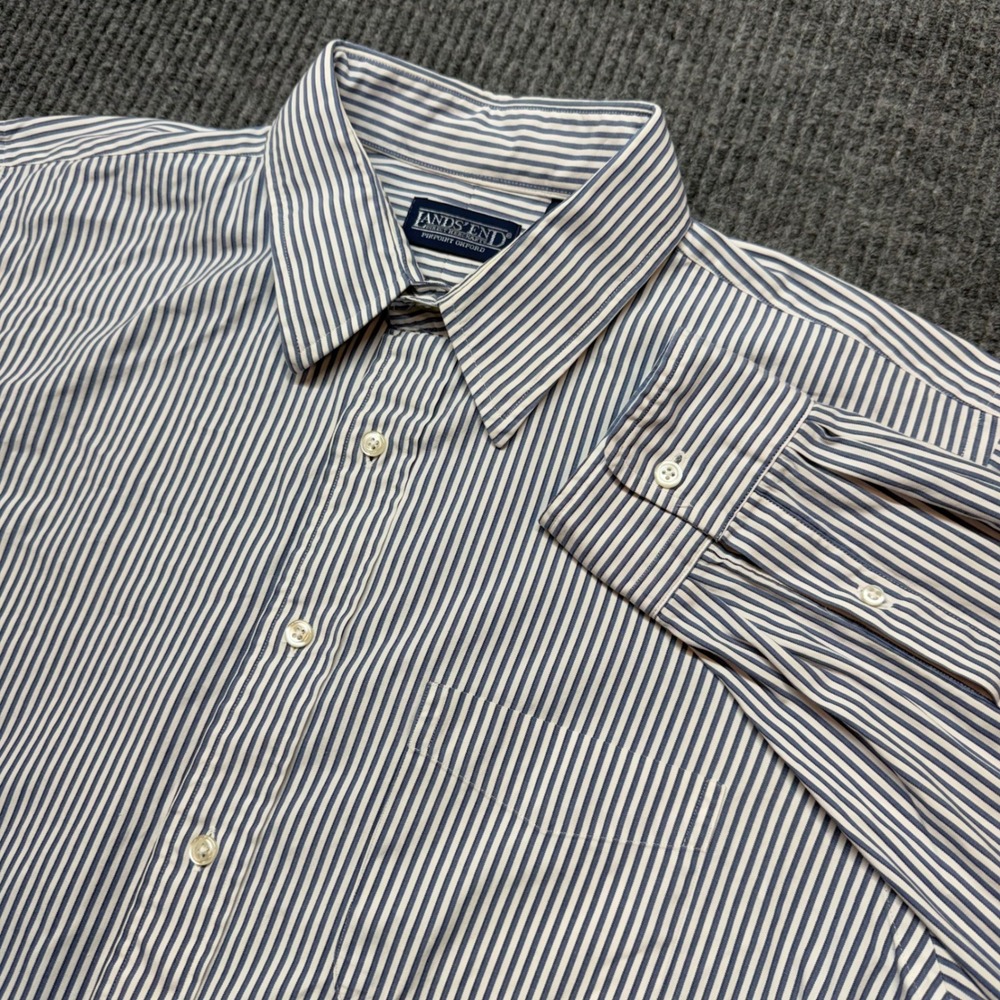 Lands End Mens 16.5 35 Blue White Striped Pinpoint Oxford Long Sleeve Shirt
